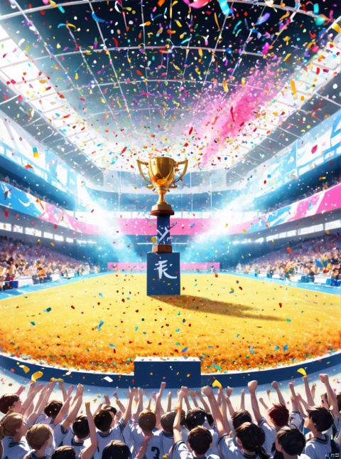  At the school sports meet, the winning athletes stood on the podium, proudly holding up their trophies. In the audience, students scattered colorful confetti, cheering for their honor and victory, panoramic view, Ultra high saturation, (best quality, masterpiece, Representative work, official art, Professional, 8k), particles,dragon, x-ray, RPG