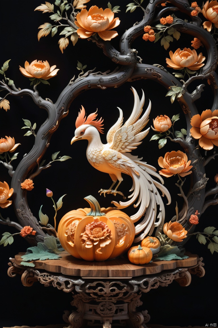 Pumpkin carved phoenix and peony food decoration, Chinese flower and bird landscape,Pavilion on the ground,Super complex craftsmanship and details,With auspicious patternlowers、Various decorative themes, bird yearning happiness, longevity and wealth、Wish you good luck and peace,Exquisite and complex content,embody magnificence,Black wooden table close-up, rotating, RococoStyle, classicism, chiaroscuro, 3D carving, pumpkin color, octane render, enhance, intricate, HDR, UHD, Relief style, (best quality, masterpiece, Representative work, official art, Professional, 8k wallpaper:1.3)