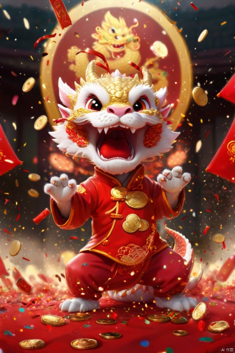 Chinese New Year, oriental dragon, cute dragon cub, big furry head, red clothes, Gold coin rain, Many gold coins burst out, Red and gold confetti, firecrackers, strong festive atmosphere, panoramic view, Ultra high saturation, (best quality, masterpiece, Representative work, official art, Professional, 8k)