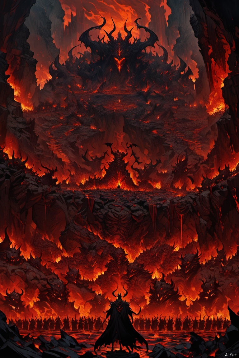 incarnation, Traditionally known as Lucifer, Rule with confidence in a hellish environment. He is surrounded by monsters.,They are his army.. Fiery cliffs and lava rivers form the backdrop, And tortured souls fill the gloomy outlook. The awe-inspiring grandeur of this hellish kingdom evokes a nightmarish epic, (masterpiece, best quality, perfect composition, very aesthetic, absurdres, ultra-detailed, intricate details, Professional, official art, Representative work:1.3)