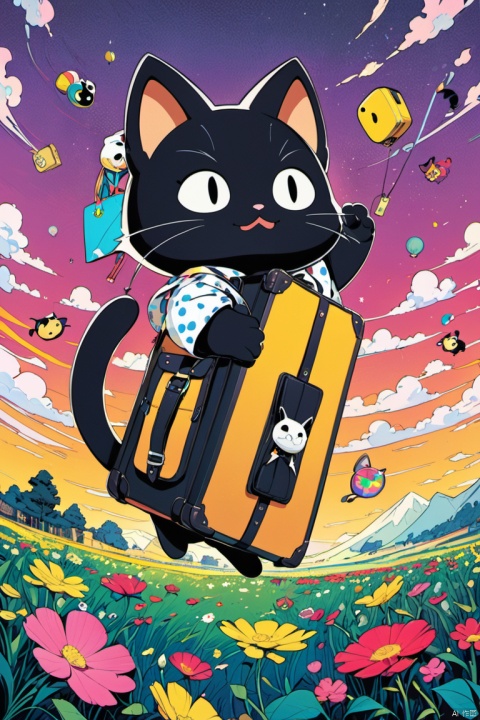 ROYGBIV vivid rich color grading sky background, Felix the Cat gracefully diving through the air into his open yellow bag of tricks on the ground, in a slow meadow, (Felix the cat style reference, An anthropomorphic young black cat with white eyes, a black body, and a giant grin), (Felix's bag is one-of-a-kind satchel, which usually takes the form of a suitcase/carpetbag halfmix, which is yellow with black markings, reveals the pattern to be black dots and near-floral), cel shading, rich color grading, cinematic, wordless, rotoscope hand drawn, expressive bold ink lines, (masterpiece, best quality, perfect composition, very aesthetic, absurdres, ultra-detailed, intricate details, Professional, official art, Representative work:1.3)