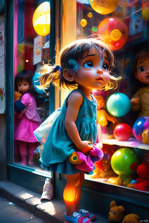 a young poor girl,standing outside a toy shop,looking at the windows,curiosity in her eyes,hopeful expression,longing for a toy,gently touching the glass,dirty and worn-out clothes,wind blowing through her hair,sadness mixed with determination,loneliness in her posture,the colorful and lively toys inside,reflecting in her eyes,poverty contrasted with abundance,humility and innocence in her face,street lights casting a warm glow, octane render, enhance, intricate, HDR, UHD, (best quality, masterpiece, Representative work, official art, Professional, 8k wallpaper:1.3)