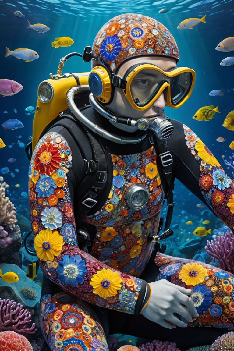 Millefiori glass style,diver,Wetsuit,deep sea, (masterpiece, best quality, perfect composition, very aesthetic, absurdres, ultra-detailed, intricate details, Professional, official art, Representative work:1.3)