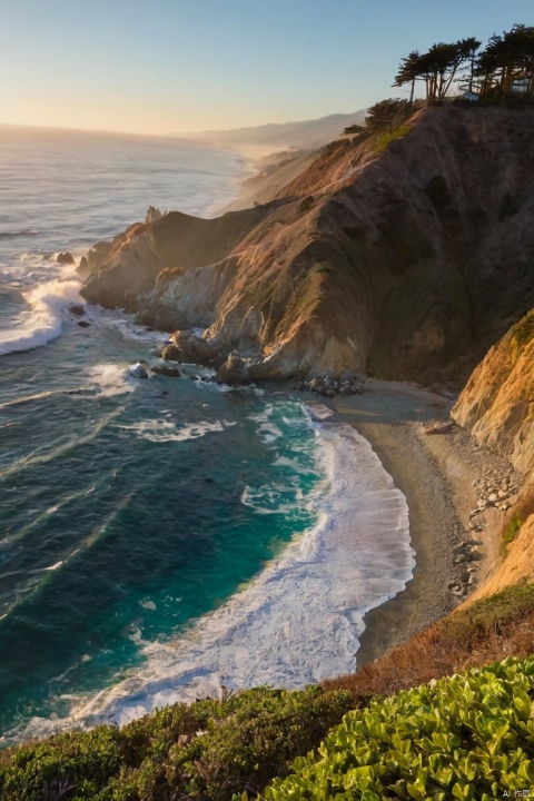 Drone view of waves crashing against the rugged cliffs along Big Sur’s garay point beach. The crashing blue waters create white-tipped waves, while the golden light of the setting sun illuminates the rocky shore. A small island with a lighthouse sits in the distance, and green shrubbery covers the cliff’s edge. The steep drop from the road down to the beach is a dramatic feat, with the cliff’s edges jutting out over the sea. This is a view that captures the raw beauty of the coast and the rugged landscape of the Pacific Coast Highway, (best quality, masterpiece, Representative work, official art, Professional, Ultra intricate detailed, 8k:1.3)