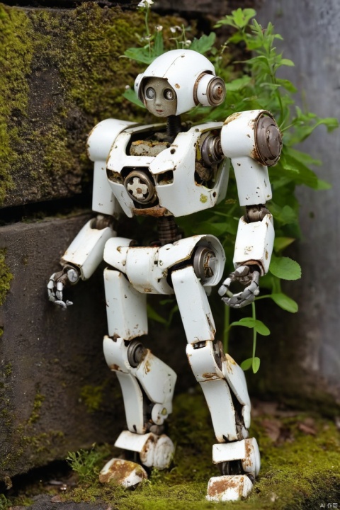 Mechanical doll in the corner,Broken mecha doll,Old,stale,long time ago,Rusty,moss,weeds,A small white flower, (best quality, masterpiece, Representative work, official art, Professional, Ultra intricate detailed, 8k:1.3)