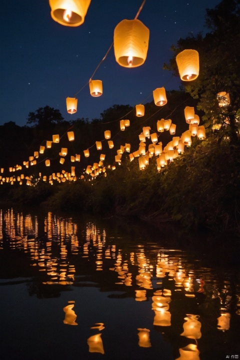 floating lanterns in the sky, flowing like a river, landscape,soft and warm color tones,gentle and dreamy lighting,natural and serene ambiance,serene and tranquil atmosphere,peaceful and enchanting scenery,nighttime,celebration,traditional festival,lively and joyful scene,flowing water,reflection,ethereal glow,dancing lights,graceful movement,harmonious arrangement,symmetrical composition,festivity and happiness,community gathering,sparkling lanterns,soft and gentle breeze,flickering candles,magical and enchanting moment,surreal and otherworldly experience,outdoor event,joyous and vibrant colors,traditional and cultural symbolism,suspended in mid-air,celestial beauty,serene river,illuminated pathways,harmony between nature and human creations,reminiscent of a fairytale,peace and tranquility,harmonious and unified display of lanterns,vivid and striking contrast,majestic and awe-inspiring, (masterpiece, best quality, perfect composition, very aesthetic, absurdres, ultra-detailed, intricate details, Professional, official art, Representative work:1.3)
