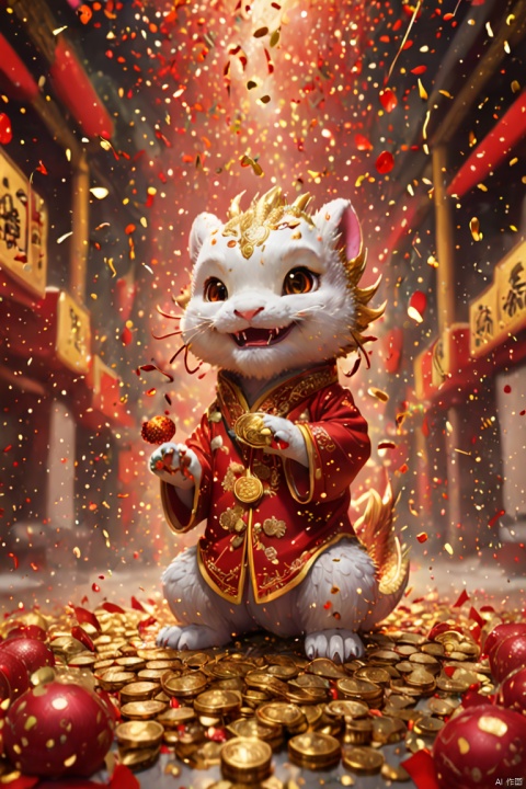 Chinese New Year, oriental dragon, cute dragon cub, big furry head, red clothes. bowing, hands clasped together, Gold coin rain, Many gold coins burst out, Red and gold confetti, firecrackers, strong festive atmosphere, panoramic view, Ultra high saturation, (best quality, masterpiece, Representative work, official art, Professional, 8k)