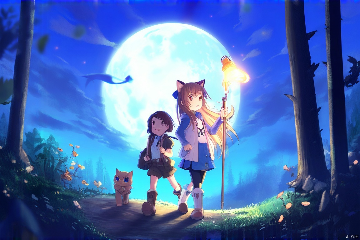 月光下的冒险,月圆之夜,少女与她的猫咪朋友穿着探险装,手持手电筒,在森林小径上探索,追寻传说中的幽灵猫足迹,彼此依靠,勇敢前行
