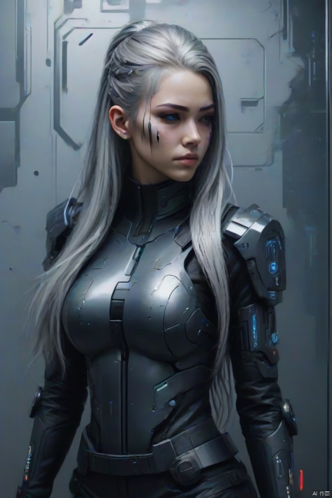 cyberpunk girl painted on lobby wall, (silver long hair), intricate, (best quality, masterpiece, Representative work, official art, Professional, 8k)