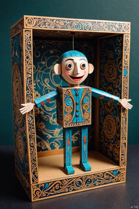magical Mechanical puppet in The Box Toy Surprise Boxes with Spring , about the curvature of space time, jumping from the box, art deco, zentangle, full colored,3d crunch, cinematic, (best quality, masterpiece, Representative work, official art, Professional, Ultra intricate detailed, 8k:1.3)