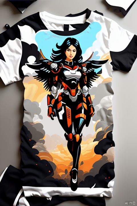 T-shirt design, vector art, mecha girl, (silver long hair), full-body pose, mechanical wings, dynamic angle, (best quality, masterpiece, Representative work, official art, Professional, 8k:1.3)