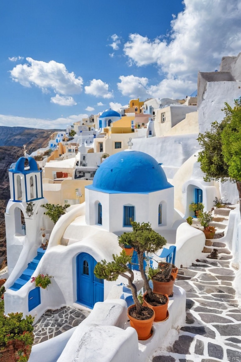 Santorini, Oia village, caldera view, Aegean Sea, Greek architecture, blue domed churches, white buildings, cliffs, island, sunny day, blue sky, white clouds, terraces, tourist destination, landscape photography, high resolution, vivid colors, scenic view, holiday spot, travel and tourism, Mediterranean style, coastal town, (masterpiece, best quality, perfect composition, very aesthetic, absurdres, ultra-detailed, intricate details, Professional, official art, Representative work:1.3)