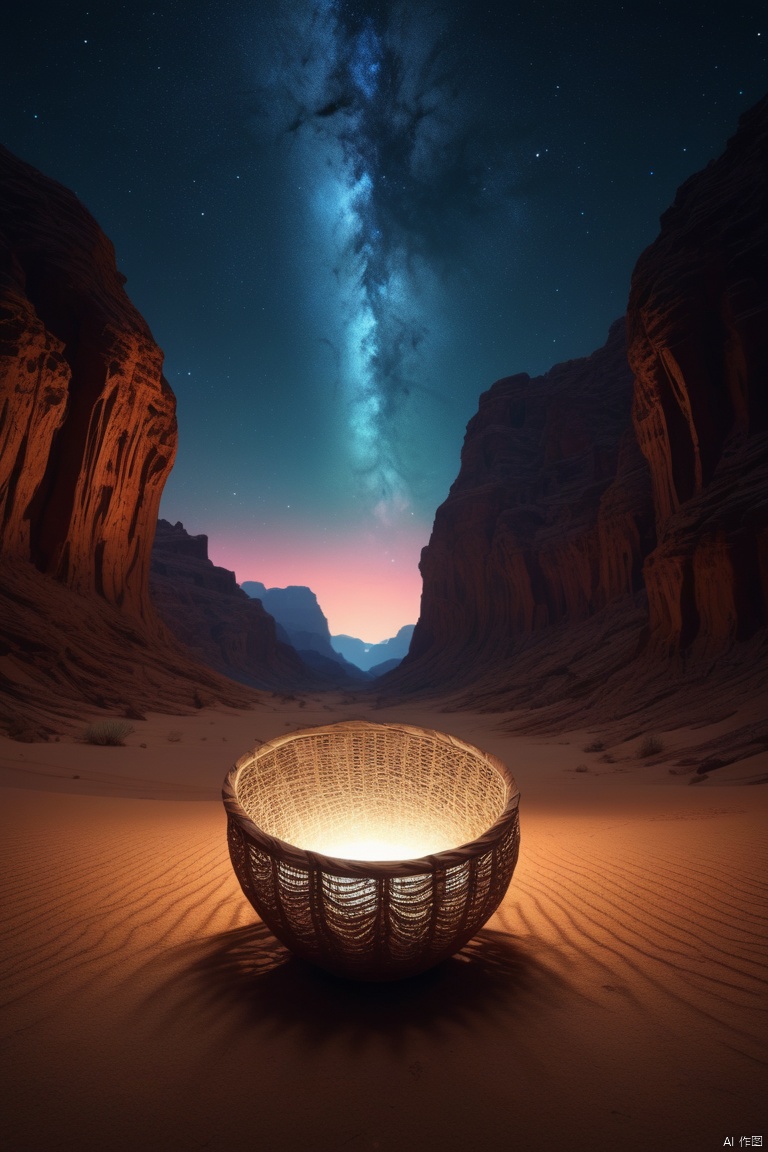multi-layered basket light,Wide-angle lens, Ultra-wide angle crisp ray traced rendering,Surreal in vast desert canyon under starry sky with mysterious colorful bright lights, Countless dimensions are intertwined. Huge mountains contain the mysterious sheer cliffs of the universe.、narrow passage、Deep valley bottom, magnificent canyon scenery, depth of field, wide-angle movie aesthetics, high-definition fantasy art, enhance, intricate, (best quality, masterpiece, Representative work, official art, Professional, unity 8k wallpaper:1.3)