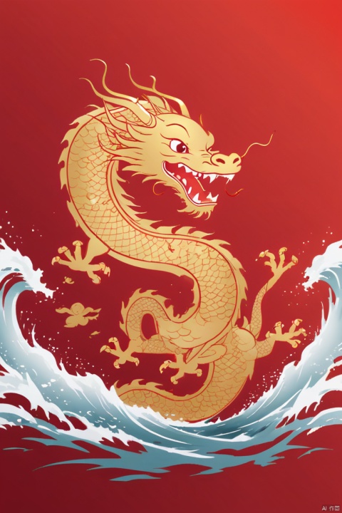 Sketch style, Simple golden negative space on Chinese red background, Smiling happily and cutely, Minimalist Chinese dragon on the sea, dynamic action, flat, vector, clip art, (best quality, masterpiece, Representative work, official art, Professional, Ultra high detail, 8k)