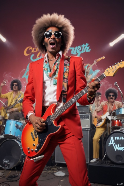 Anime from the 70s and 80s, a man playing electric guitar, Open your mouth wide and sing exaggeratedly, Wearing red suit, wearing sunglasses, afro Hairstyle, dynamic pose, Energetic performance, holding a microphone, Large collection of electronic band instruments, rock concert background, a blunt splice of elements like Arizona iced tea and Fiji water, the distortion and color cast effects of old picture tube televisions, panoramic view, Ultra high saturation, (best quality, masterpiece, Representative work, official art, Professional, 8k)