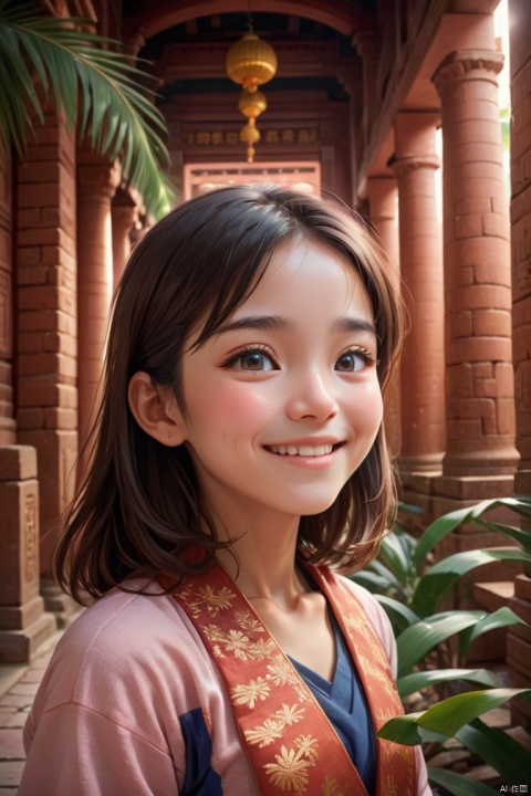 1girl, (bringing palms together in front of face:1.3), blush light smile, (eyes lightly closed), in main hall of temple, (New Year Day), bricks road, crowded, enhance, intricate, (best quality, masterpiece, Representative work, official art, Professional, unity 8k wallpaper:1.3)