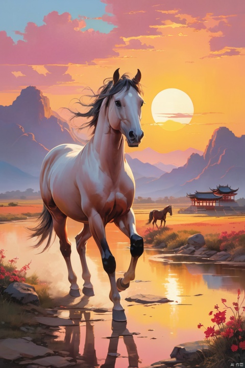 Ancient chinese path, western wind, and a lean horse roam. The sun sets in the west, painting the sky with a rosy chrome, (masterpiece, best quality, perfect composition, very aesthetic, absurdres, ultra-detailed, intricate details, Professional, official art, Representative work:1.3)