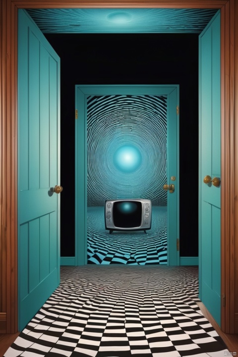 optical-illusion, from comes out of the retro-TV screen wolf, retro door, used Ames room and Muller-Lyer Optical Illusion of illustration, intricate detail, dark fantasy atmosphere, expertly crafted optical-illusions, enhances the natural glow emanating from within, (best quality, masterpiece, Representative work, official art, Professional, 8k)