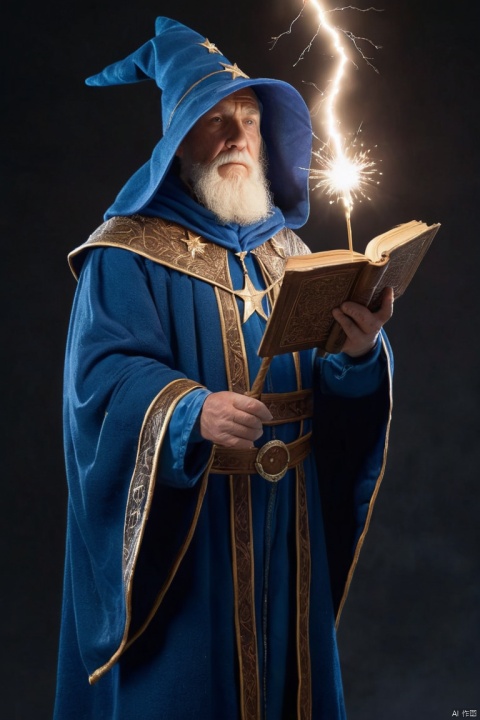 a wizard wearing a pointed hat and a blue robe with white stars casting a spell that shoots lightning from his hand and holding an old tome in his other hand, (best quality, masterpiece, Representative work, official art, Professional, Ultra intricate detailed, 8k:1.3)