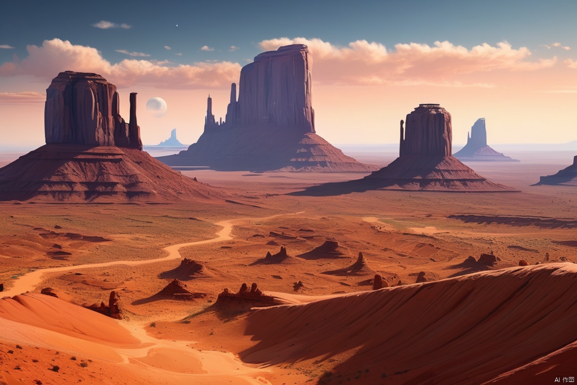 Artistic, monument valley, Giant lone peak formed by sandstone, Giant rocks, Desert Canyon, geomerty, enhance, intricate, (best quality, masterpiece, Representative work, official art, Professional, unity 8k wallpaper:1.3)
