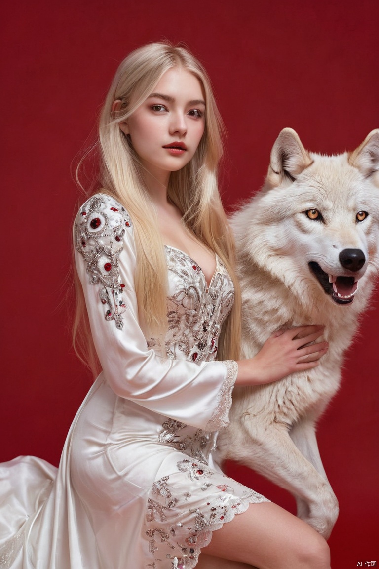  girl, perfect curves, glimmering galaxy dress, long straight blonde hair, laced hair, wrapped in white silk, (red background), riding a wolf, (masterpiece, best quality, perfect composition, very aesthetic, absurdres, ultra-detailed, intricate details, Professional, official art, Representative work:1.3)