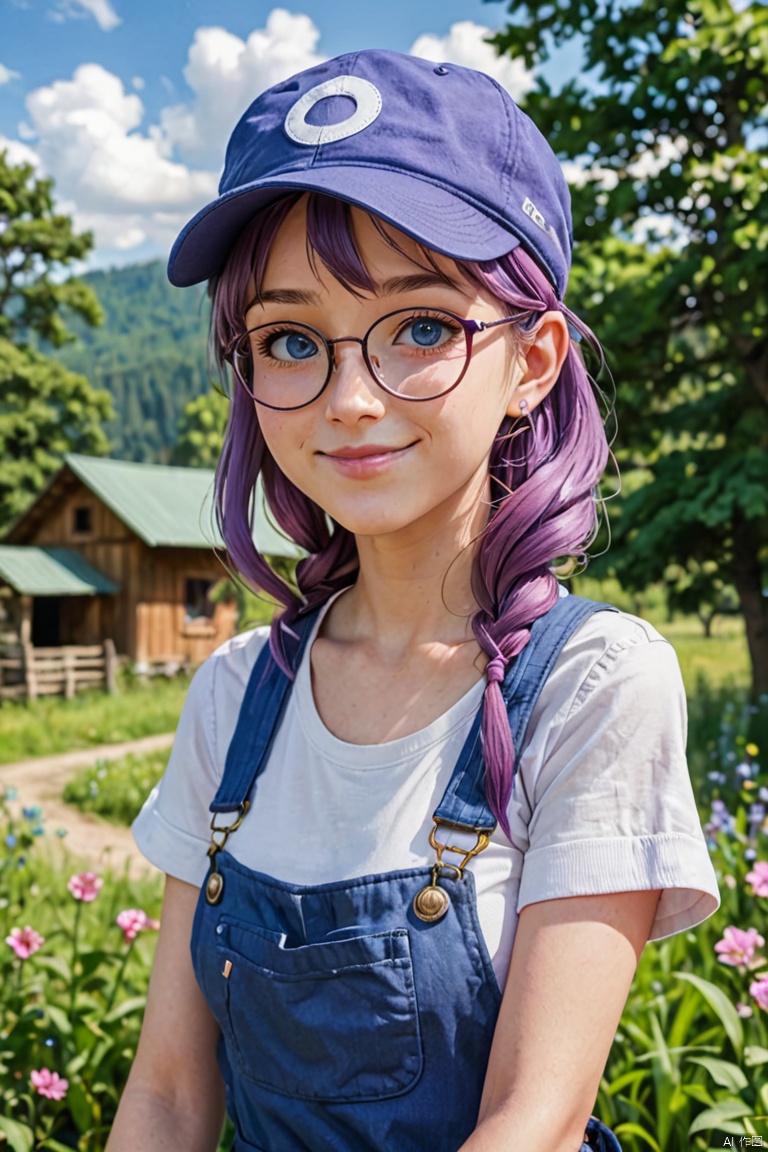 anime-style image of a girl with glasses, blue eyes, long purple hair, smiling, short sleeves, wing hat, red shirt, and blue overalls. The girl is in an outdoor rural setting, looking directly at the viewer with a solo focus on her. Her skin tone should be shiny and highlighted. The image details should be enhanced, and the quality should be the best possible, with a special focus on the character Arale, (best quality, perfect masterpiece, Representative work, official art, Professional, high details, Ultra intricate detailed:1.3)