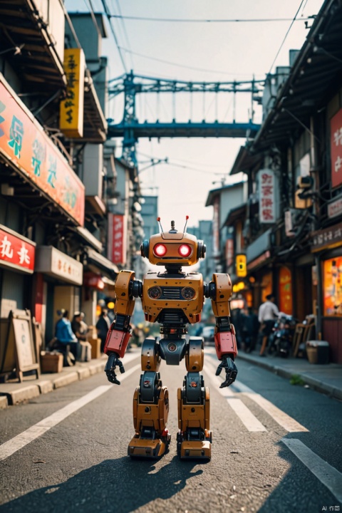 cinematic photo, Mechanical Puppet walking in japanese robot city, colorful, exploding bridge in background, depth of field, wide angle shot, cinematic photorealistic, uhd, natural lighting, raw, rich, key visual, atmospheric lighting, 35mm photograph, film, bokeh, (best quality, masterpiece, Representative work, official art, Professional, Ultra intricate detailed, 8k:1.3)