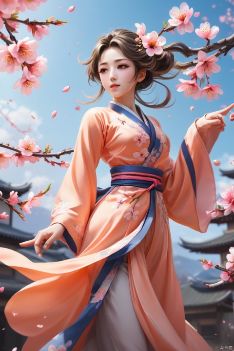 rich and colorful anime art, romantic illustration, fallen peach blossom, peach blossom in the air, dancing peach blossom, floating peach blossom, enhance, intricate, (best quality, masterpiece, Representative work, official art, Professional, unity 8k wallpaper:1.3)