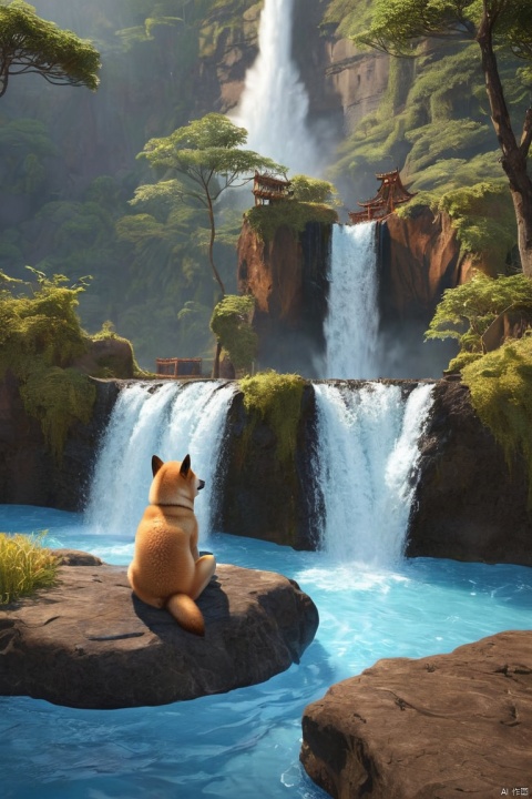 fantasy art, photorealistic, D&D art, a picture of a anthropomorphic Shiba Inu monk sitting and meditating near a waterfall, at the base of the waterfall, there is a anthropomorphic (Shiba Inu monk) wearing monk garbs, meditating near a bonfire near an (epic sized waterfall), light brown fur, water coming down from a volcanic cliff, multi level water falls, several pools created in different levels, forming new waterfalls, water cascading into a (large lava pool) steam rising, clear water in many hues of blue and azure falling, (masterpiece, best quality, perfect composition, very aesthetic, absurdres, ultra-detailed, intricate details, Professional, official art, Representative work:1.3)