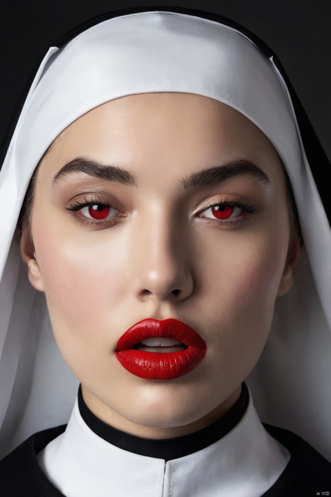 Depict a striking image of a nun with a rebellious edge, featuring a close up of her face with bold red lips. She wears a sleek black uniform, exuding confidence and defiance, (masterpiece, best quality, perfect composition, very aesthetic, absurdres, ultra-detailed, intricate details, Professional, official art, Representative work:1.3)