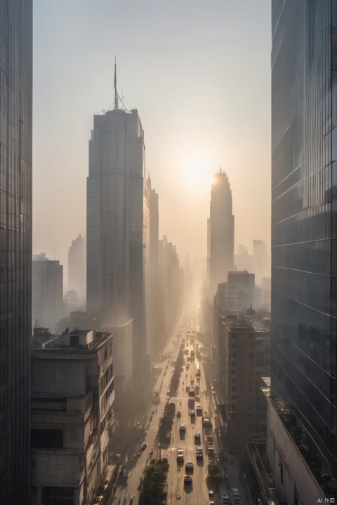 RAW photo, best quality, cinematic film still, From a fog engulfing a city, glistening skyscrapers reach towards the sun. They rise above the fog, reflecting the morning sun, (masterpiece, best quality, perfect composition, very aesthetic, absurdres, ultra-detailed, intricate details, Professional, official art, Representative work:1.3)