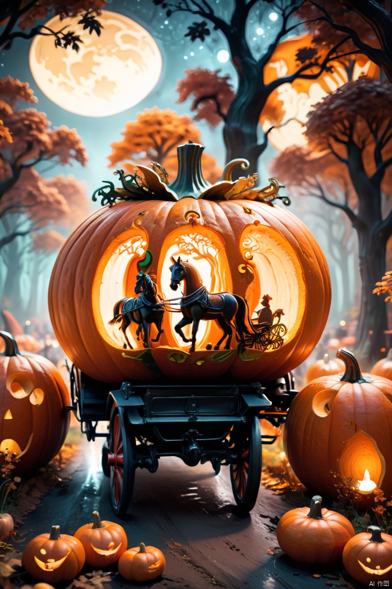 a horse carriage carved out of a pumpkin, pumpkin color, artistic, floral carvings, clean lines, passenger inside, riding at night, mystical forest, ambient light, octane render, enhance, intricate, HDR, UHD, Relief style, (best quality, masterpiece, Representative work, official art, Professional, 8k wallpaper:1.3)