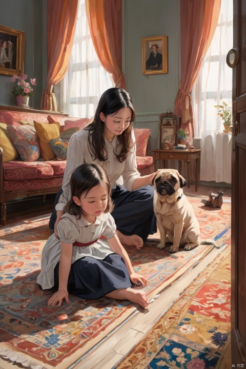 mother and lovely daughter, mops floor, living room, (masterpiece, best quality, perfect composition, very aesthetic, absurdres, ultra-detailed, intricate details, Professional, official art, Representative work:1.3)