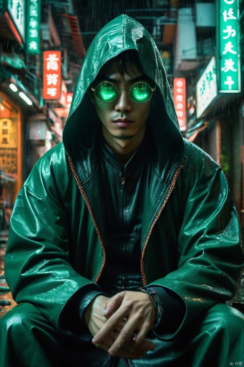 Symmetry, symmetrical, cinematic photo with dramatic lighting, dynamic pose, man, hooded_leather_robe, green tinted glasses, intricatly ornated, magic runes, magical items, dirty cyberpunk street, neon signs, rain, garbage Seated pose, high resolution textures, (best quality, perfect masterpiece, byyue, Representative work, official art, Professional, high details, Ultra intricate detailed:1.3)