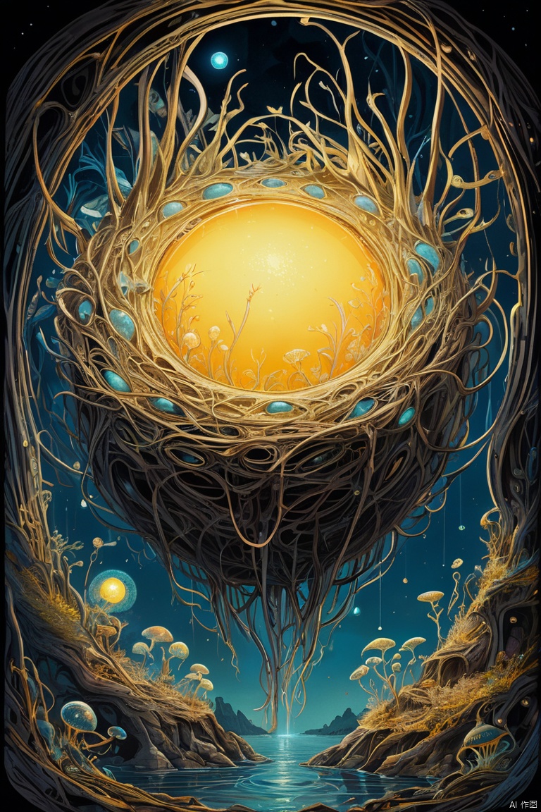 A magical golden nest from the abyss,Nest of alien life, Illumination of bioluminescent plants, The content is very detailed, Surrealism, high resolution, Gouache style, scribble art, Glaslorne, Influenced by Art Nouveau, Given, future, The Art of Lunar Encryption Wow, panoramic, Ultra high saturation, bright and vivid colors, intricate, (best quality, masterpiece, Representative work, official art, Professional, 8k)