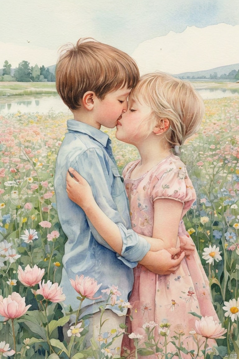 Boys and Girls, Cheek to cheek, (Flower Field, pastel colour), Lakeside, Watercolor. Whimsical and delicate, Like an illustration in a children book, (masterpiece, best quality, perfect composition, very aesthetic, absurdres, ultra-detailed, intricate details, Professional, official art, Representative work:1.3)