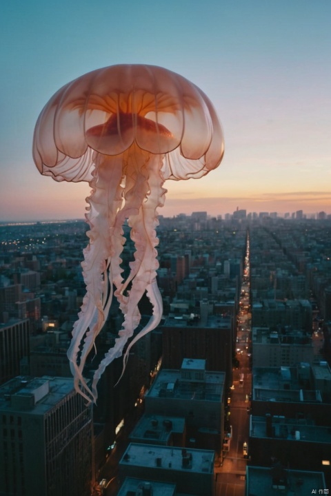 A surreal scene unfolds as a giant, translucent jellyfish floats gracefully through a deserted cityscape at dusk. The scene is shot on 35mm film, (best quality, masterpiece, Representative work, official art, Professional, Ultra intricate detailed, 8k:1.3)