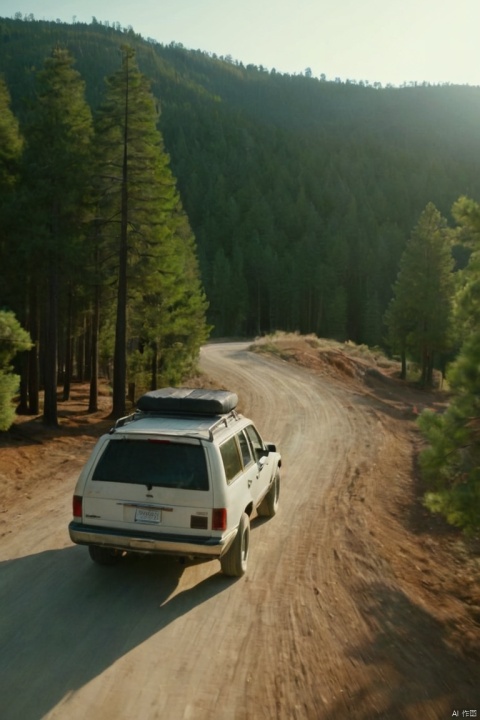 The camera follows behind a white vintage SUV with a black roof rack as it speeds up a steep dirt road surrounded by pine trees on a steep mountain slope, dust kicks up from it’s tires, the sunlight shines on the SUV as it speeds along the dirt road, casting a warm glow over the scene. The dirt road curves gently into the distance, with no other cars or vehicles in sight. The trees on either side of the road are redwoods, with patches of greenery scattered throughout. The car is seen from the rear following the curve with ease, making it seem as if it is on a rugged drive through the rugged terrain. The dirt road itself is surrounded by steep hills and mountains, with a clear blue sky above with wispy clouds, (best quality, masterpiece, Representative work, official art, Professional, Ultra intricate detailed, 8k:1.3)