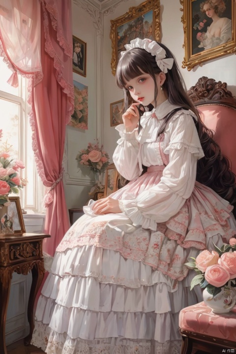 Lolita art, room, Exquisite decoration, neat and tidy, sort, indoor, realism, detailed background, (masterpiece, best quality, perfect composition, very aesthetic, absurdres, ultra-detailed, intricate details, Professional, official art, Representative work:1.3)