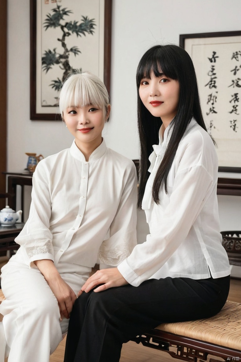 2ladies, from side, sitting across Go board, (facing each other), stylish outfit, mature female, cool expression, light smile, looking at viewers, (white hair) bangs, (black chic clothes) BREAK 1lady, (black hair) bangs, (white chic clothes), (luxurious Chinese-style room) indoors, (Go board) (black and white stones), Go board on table, noon, detailed background, (masterpiece, best quality, perfect composition, very aesthetic, absurdres, ultra-detailed, intricate details, Professional, official art, Representative work:1.3)