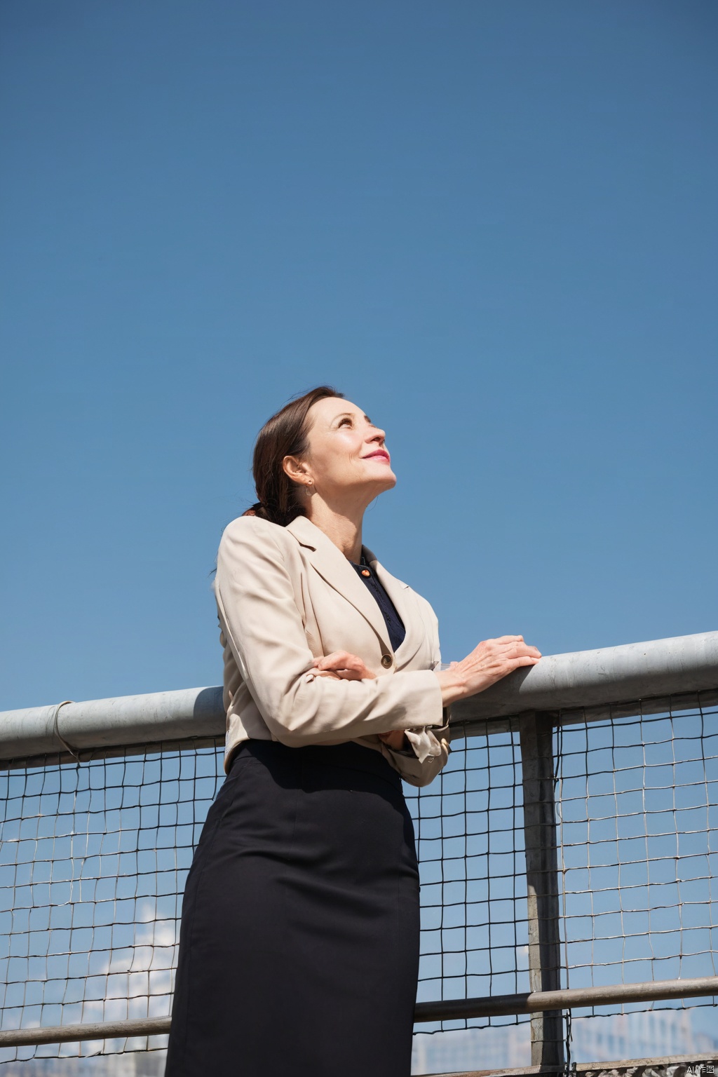  1lady standing, (leaning against wire mesh), (looking up at the sky), office worker outfit, mature female, (light smile:0.6), (looking off into the distance), BREAK, (holding coffee cup in hand), (holding jacket) BREAK (rooftop of building), outdoors, railing, blue sky, rooftop facilities, cityscape, detailed background, (masterpiece, best quality, perfect composition, very aesthetic, absurdres, ultra-detailed, intricate details, Professional, official art, Representative work:1.3)