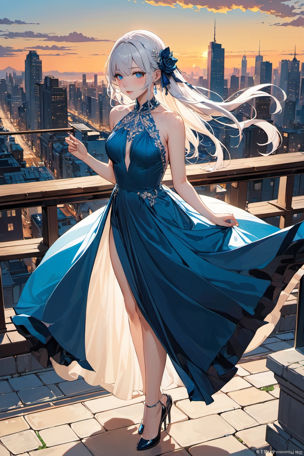 floating, High Saturation, Looking down from above, 1 Girl, white hair, blue eyes, Very long hair, Hair accessories, Standing on the Rooftop, Gorgeous evening dress, Delicate shoes, Hair swaying gently in the wind, Amazing city view in the background, romantic atmosphere, (masterpiece, best quality, perfect composition, very aesthetic, absurdres, ultra-detailed, intricate details, Professional, official art, Representative work:1.3)