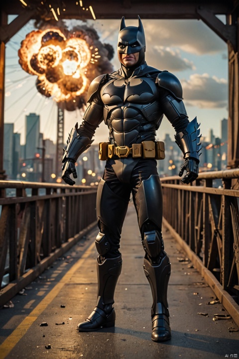 cinematic photo, Full body shot, Mechanical Puppet in batman uniform, colorful, exploding bridge in background, depth of field, wide angle shot, cinematic photorealistic, uhd, natural lighting, raw, rich, key visual, atmospheric lighting, 35mm photograph, film, bokeh, (best quality, masterpiece, Representative work, official art, Professional, Ultra intricate detailed, 8k:1.3)