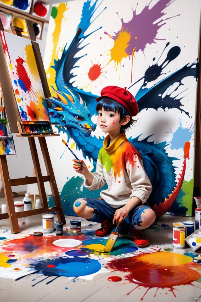 a cute dragon painter, Beret, (painting spattering on a canvas), sitting, ink splatter, primary colors, painting brush, palette of paints, artist studio indoors, various works on the wall and the floor, panoramic, Ultra high saturation, (best quality, masterpiece, Representative work, official art, Professional, 8k)