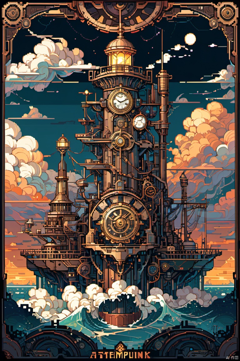 Pixel art, a steampunk lighthouse featuring a towering structure with brass and copper elements, intricate clockwork mechanisms, warm glowing light, billowing steam clouds, nautical touches, and a weathered look, rich metallic color palette, fine linework and embellishments, retro-futuristic design, (best quality, masterpiece, Representative work, official art, Professional, 8k, Ultra intricate detailed:1.3)
