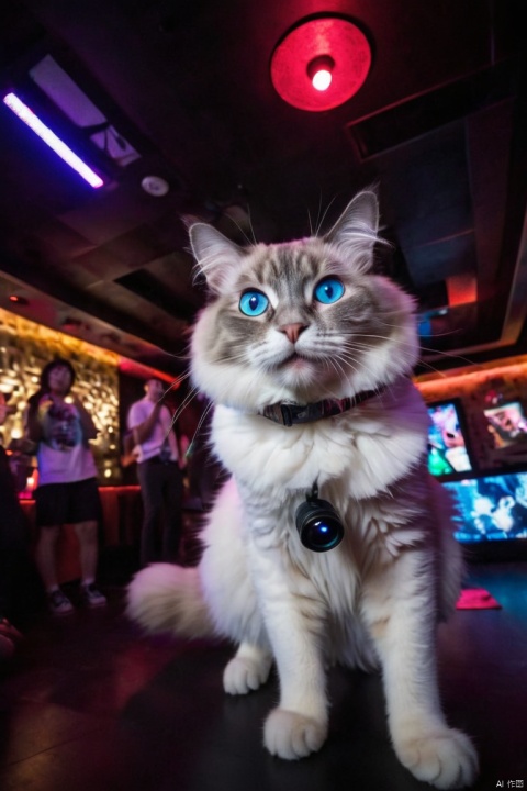 a ragdoll cat partying inside of a dark club wearing LED lights. the cat is holding the camera and video-tapping the excitement, showing off his outfit. fish-eye lens, (best quality, masterpiece, Representative work, official art, Professional, Ultra intricate detailed, 8k:1.3)