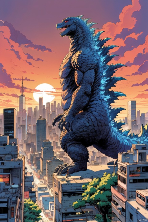 Comic city hunter style,Godzilla looks down at the tiny city below,dusty,Horizontal viewing angle,colorful,Japanese manga artist Tsukasa Hojo style,depth of field,White background,Overclocked renderer,movie lighting,Super fine,super detailed,CG art, (masterpiece, best quality, perfect composition, very aesthetic, absurdres, ultra-detailed, intricate details, Professional, official art, Representative work:1.3)