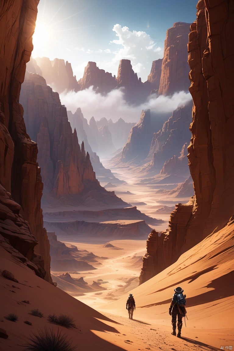 Under the mysterious sky of vast desert canyons, Countless dimensions are intertwined, huge mountains contain the mysteries of the universe, and steep cliffs、narrow passage、Deep valley bottom, magnificent canyon scenery, depth of field, wide-angle movie aesthetics, high-definition fantasy art, enhance, intricate, (best quality, masterpiece, Representative work, official art, Professional, unity 8k wallpaper:1.3)