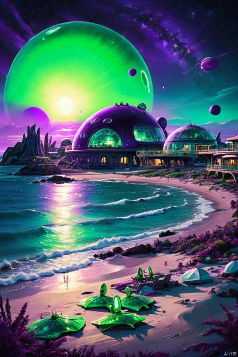 a scene from a holiday romance on the shore of a strange light green ocean, in the foreground are 2 alien life forms, enjoying the rays of the purple sun, in the background is an alien eco-friendly resort town under an energy dome, stars are visible in the dark sky behind the dome, panoramic view, Ultra high saturation, (best quality, masterpiece, Representative work, official art, Professional, 8k)