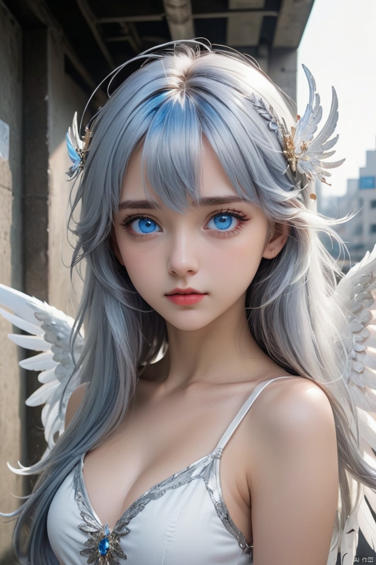 a girl, silvery hair, long hair, bangs, BREAK, blue eyes, hair ornament, angel wings, BREAK, long underpass, crowd background, hering fantasy, enhance, intricate, (best quality, masterpiece, Representative work, official art, Professional, 8k), Face Score